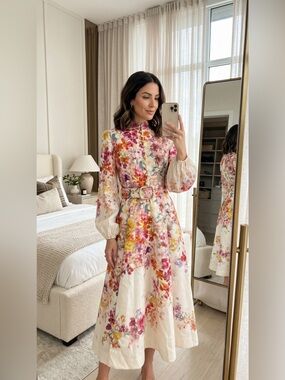 Floral Midi Dress with Belt - Cream Multicolor small